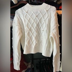 Forever 21 White Cable Knit Sweater w/Pearls
